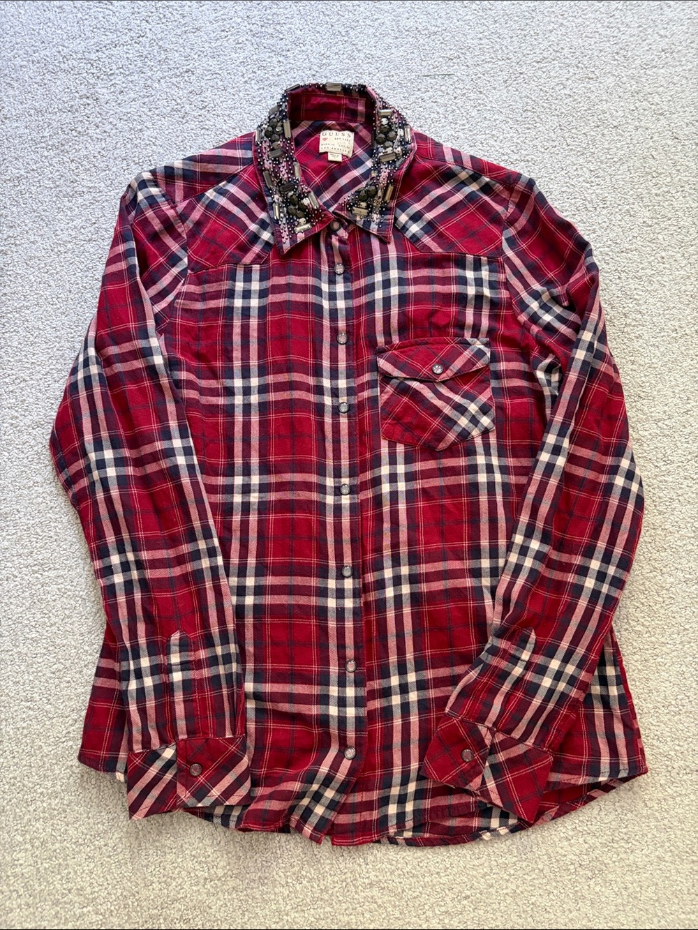 Guess Red Plaid Button-Down Shirt with Embellished Collar
